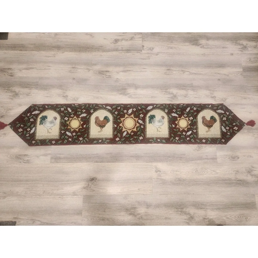 Vintage Rooster Farmhouse Cottagecore Tapestry Table Runner Red & Cream 69x12